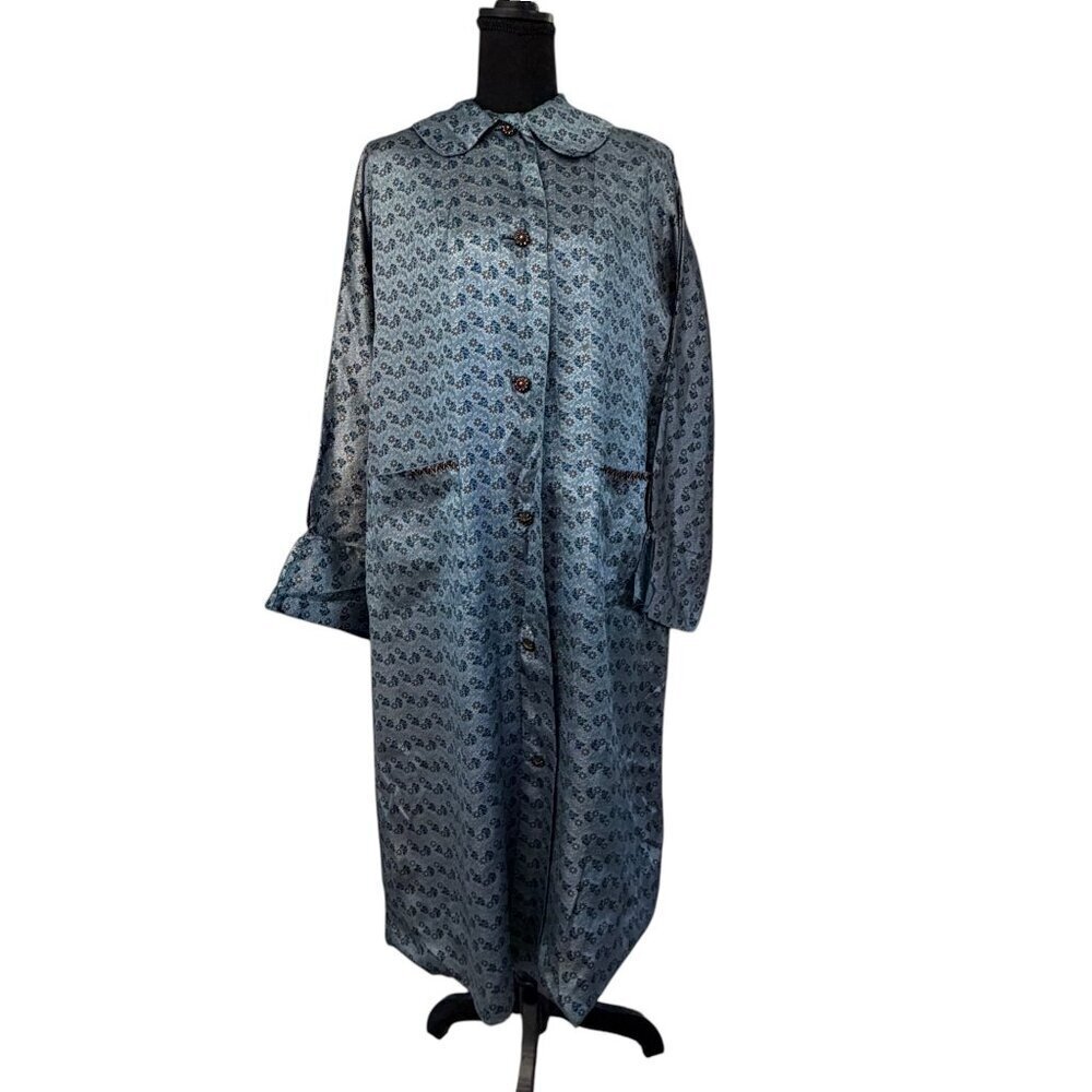 VINTAGE 60s Satin Brocade Robe Duster Housecoat Blue Floral OS - Picture 2 of 16